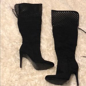 Over the Knee Sueded Lazer Cut Lattice Heeled Boots SZ 7.5